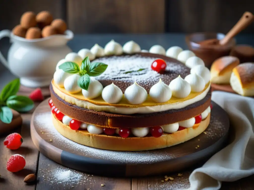Deliciosa Torta Caprese: Detalles Ultra Realistas Una Torta Caprese de chocolate, almendras y frambuesas sobre tabla rústica en cocina vintage