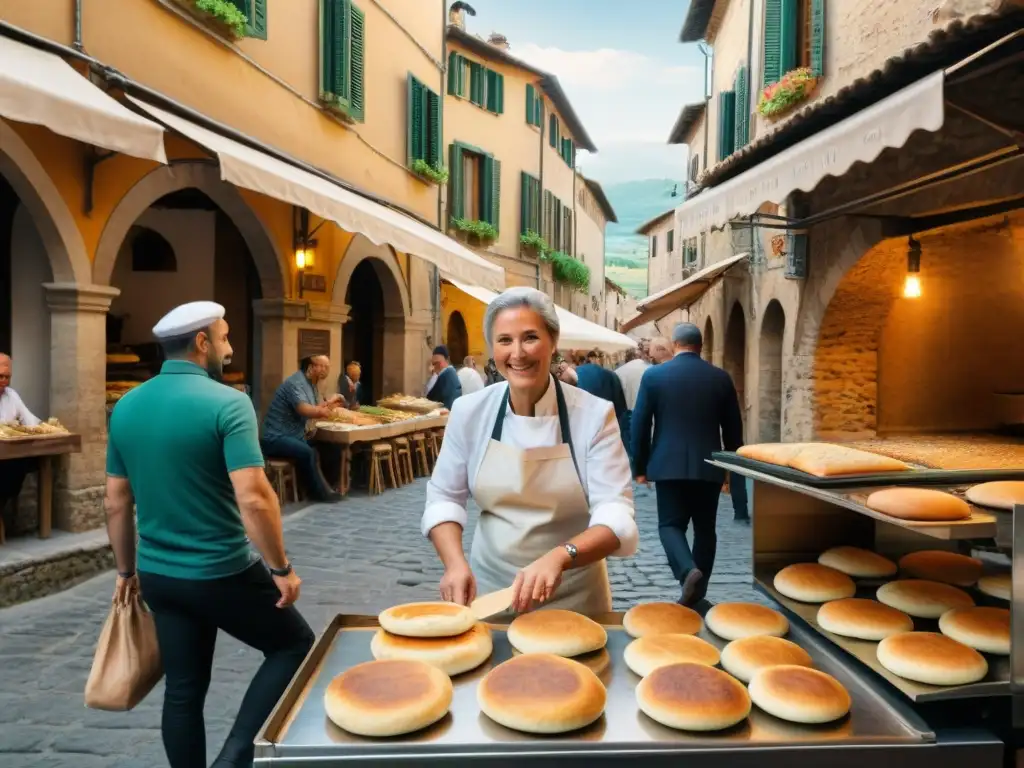 Torta al Testo receta tradicional: Vendedora italiana prepara flatbread en bulliciosa calle de Umbría, rodeada de lugareños impacientes