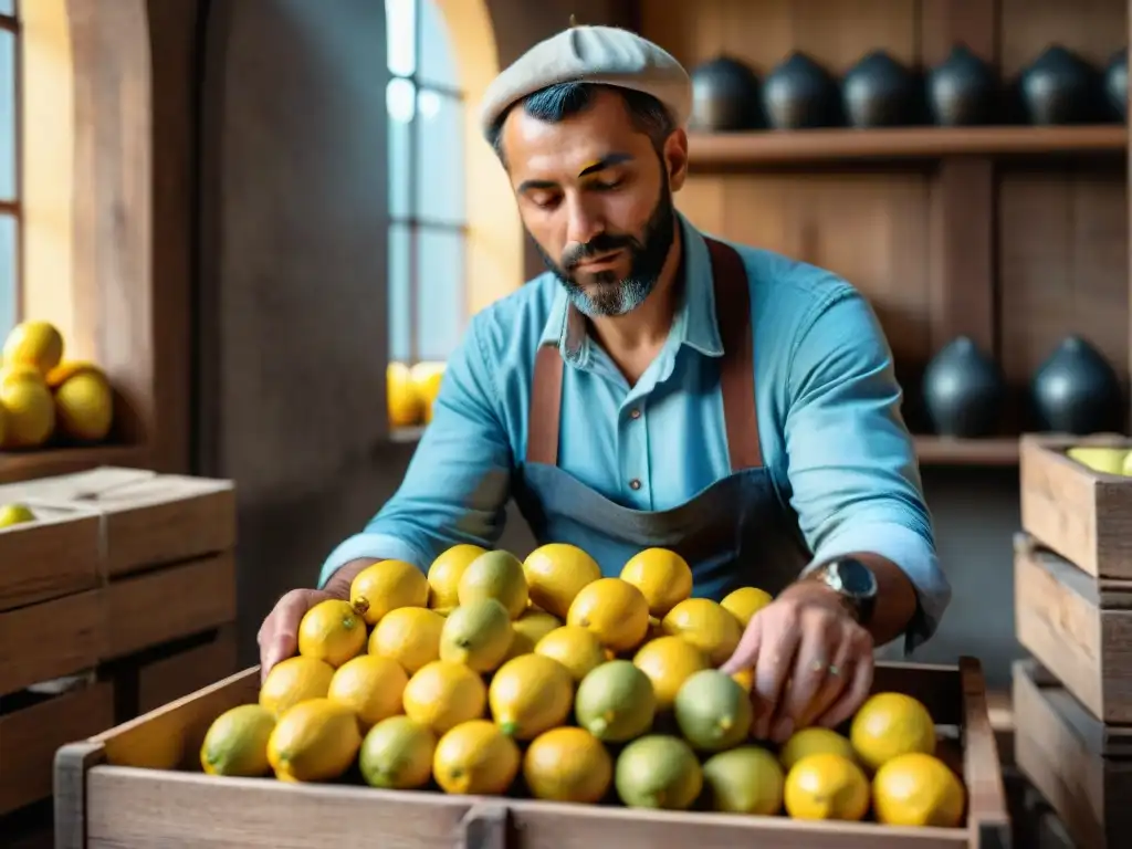 Un trabajador de una destilería italiana selecciona limones para hacer licor de limoncello, creando licores italianos tradicionales contemporáneos