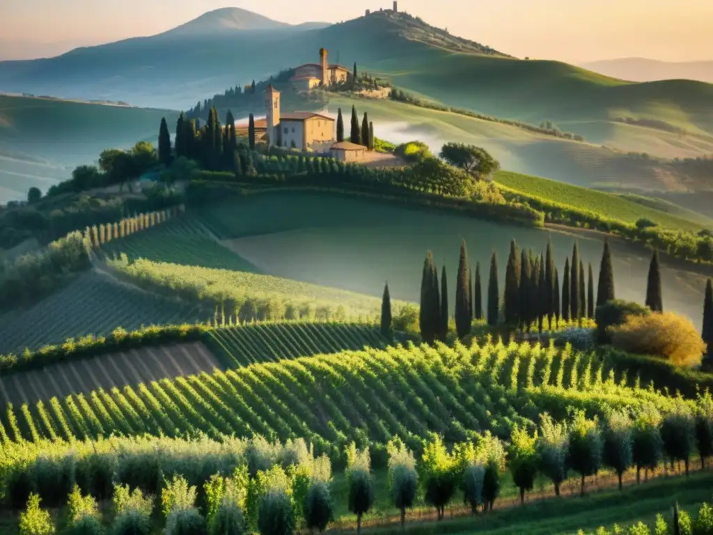 Trabajador en viñedo de la Toscana al atardecer, resaltando la legislación productos DOP IGP Italia