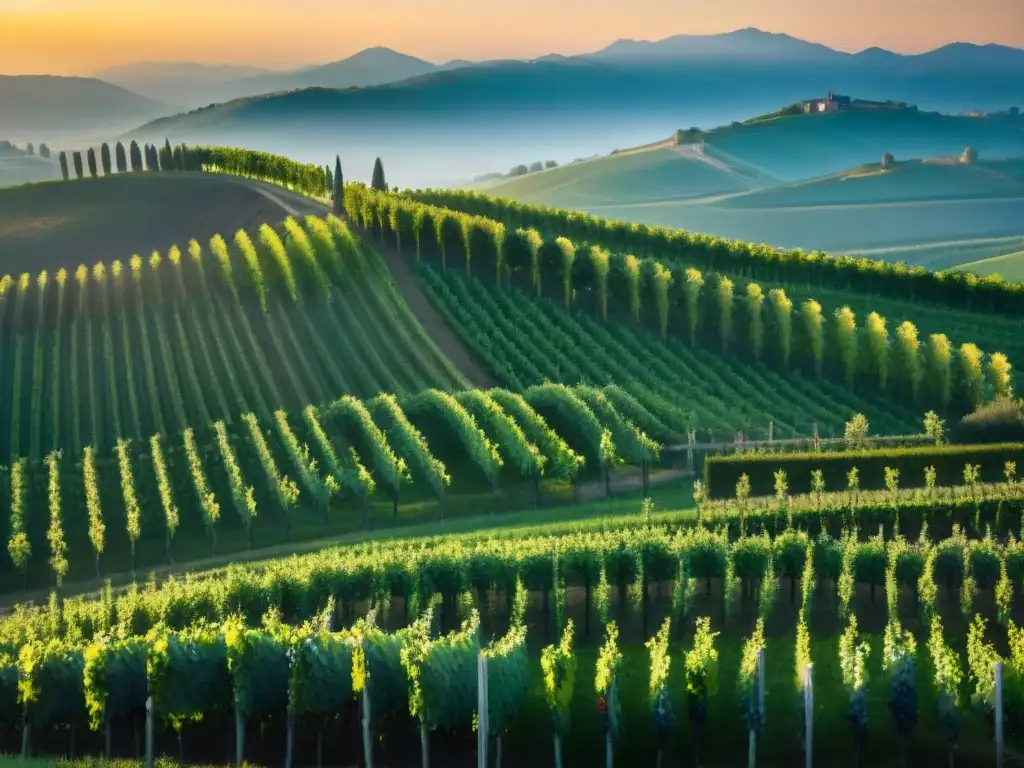 Trabajador de viñedos en Piemonte, Italia, al atardecer, cuidando las vides