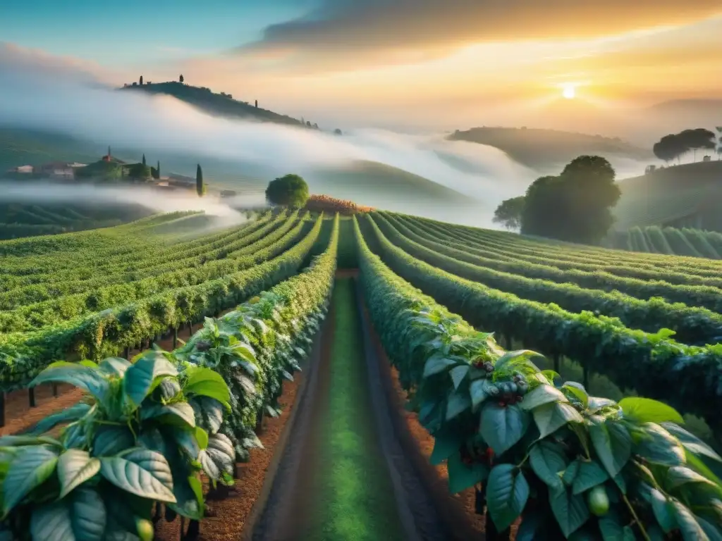 Trabajadores recolectando cerezas de café al amanecer en plantación italiana, historia del café en Italia