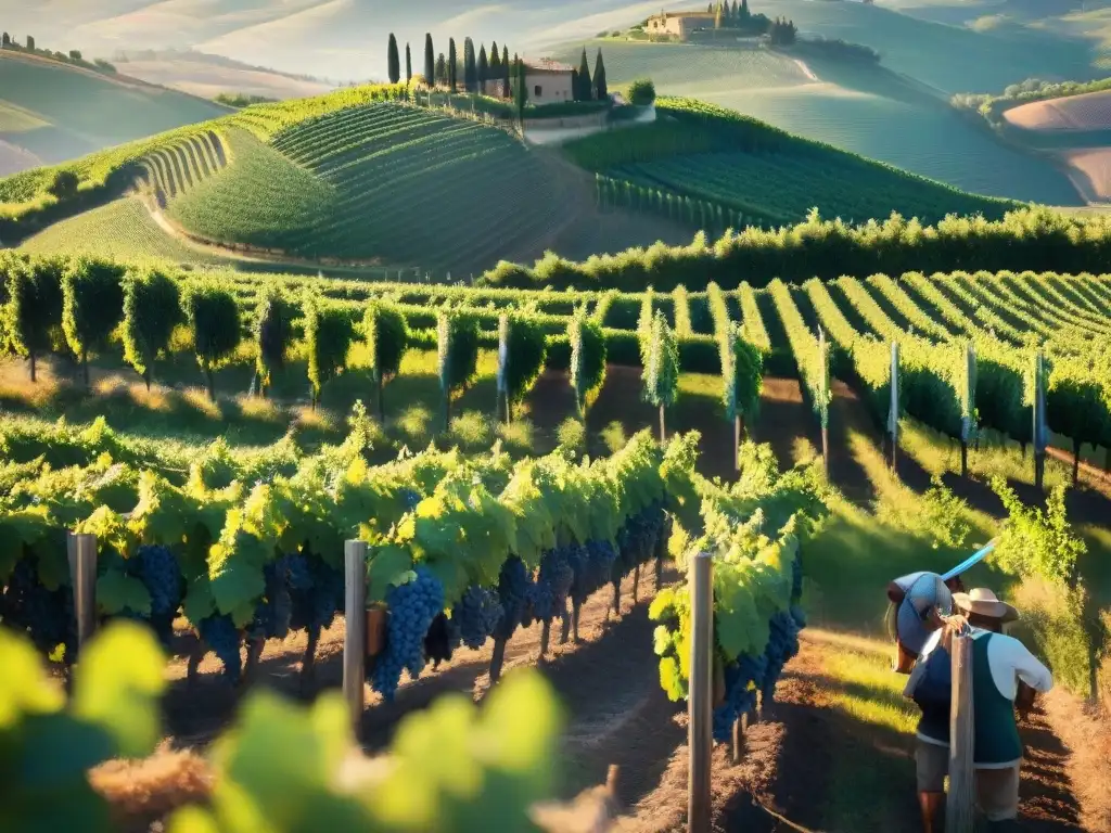 Trabajadores de viñedos italianos cosechando uvas Sangiovese a mano bajo el sol toscano, tendencias vinos italianos certificación