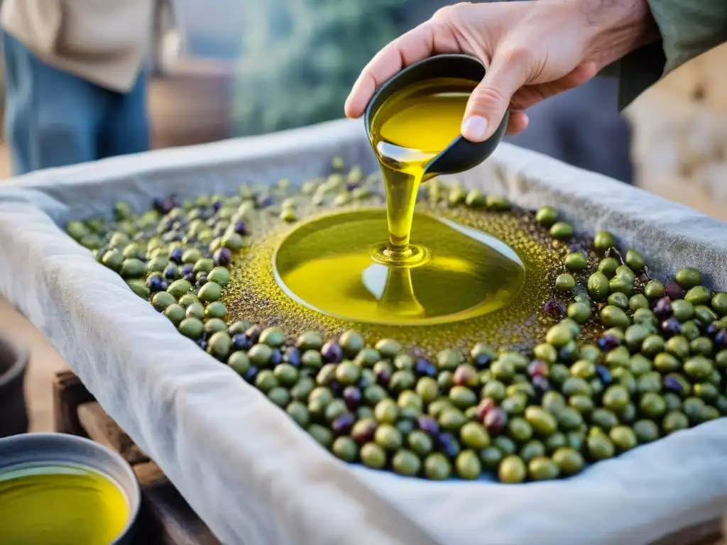 Extracción tradicional de aceite de oliva: precioso oro líquido presionado entre piedras, resaltando frescura y consejos de conservación