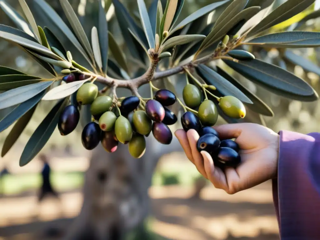 Recolecta tradicional de aceitunas en un árbol centenario bajo el sol mediterráneo