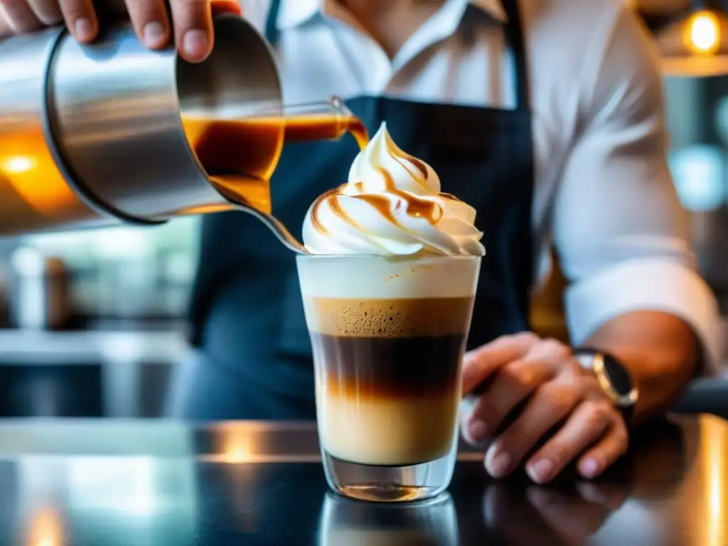 Preparación tradicional affogato café: barista vierte espresso sobre helado de vainilla en copa transparente, creando contraste y vapor delicado