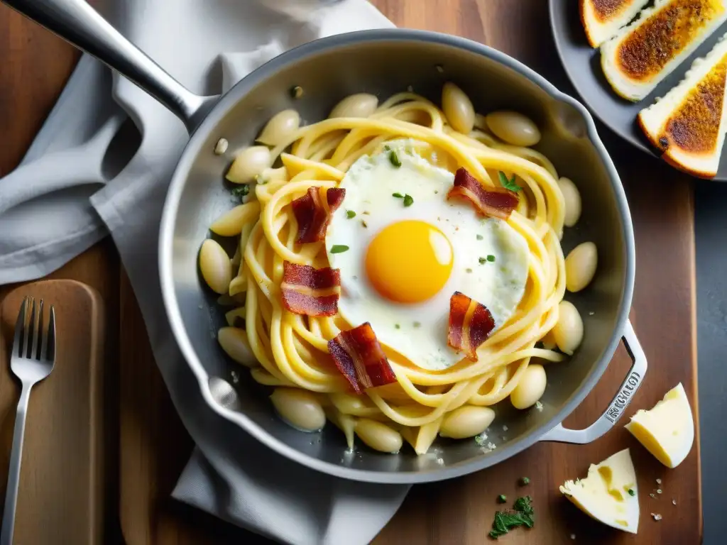 Preparación tradicional de la auténtica salsa carbonara con huevos, queso Pecorino Romano y panceta crujiente en una sartén de acero inoxidable