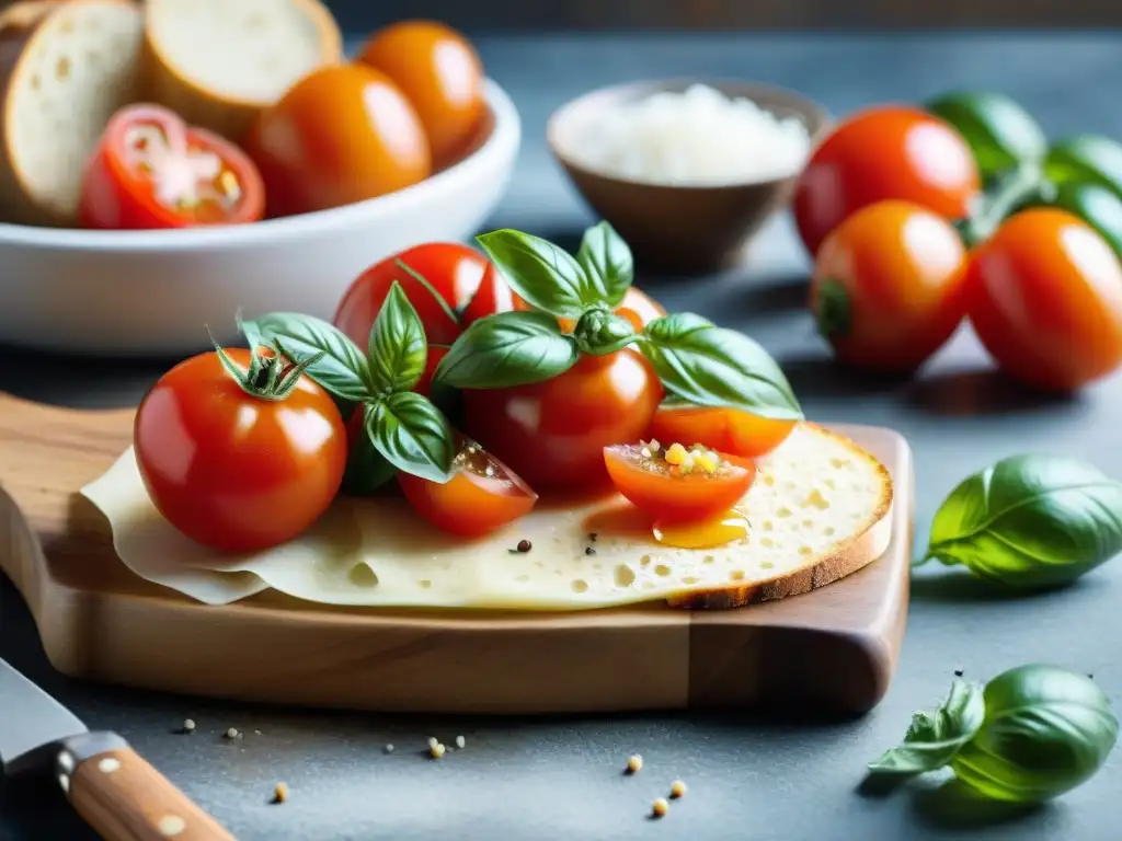 Preparación tradicional bruschetta italiana con tomate, albahaca, ajo y aceite de oliva