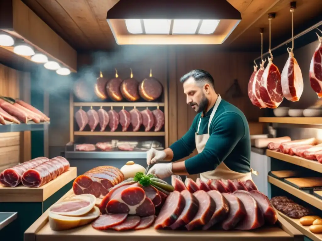 Un tradicional comercio italiano con carnes y embutidos colgando del techo y exhibidos en estantes de madera