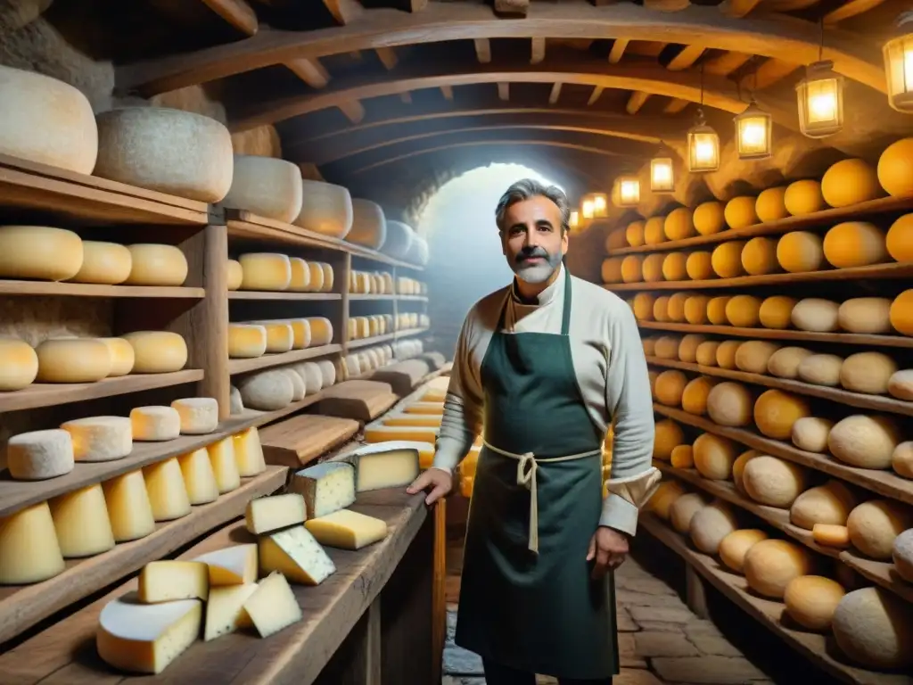 Evolución quesería italiana tradicional: Cueva de queso con ruedas de Parmesano envejeciendo, artesano inspeccionando con reverencia