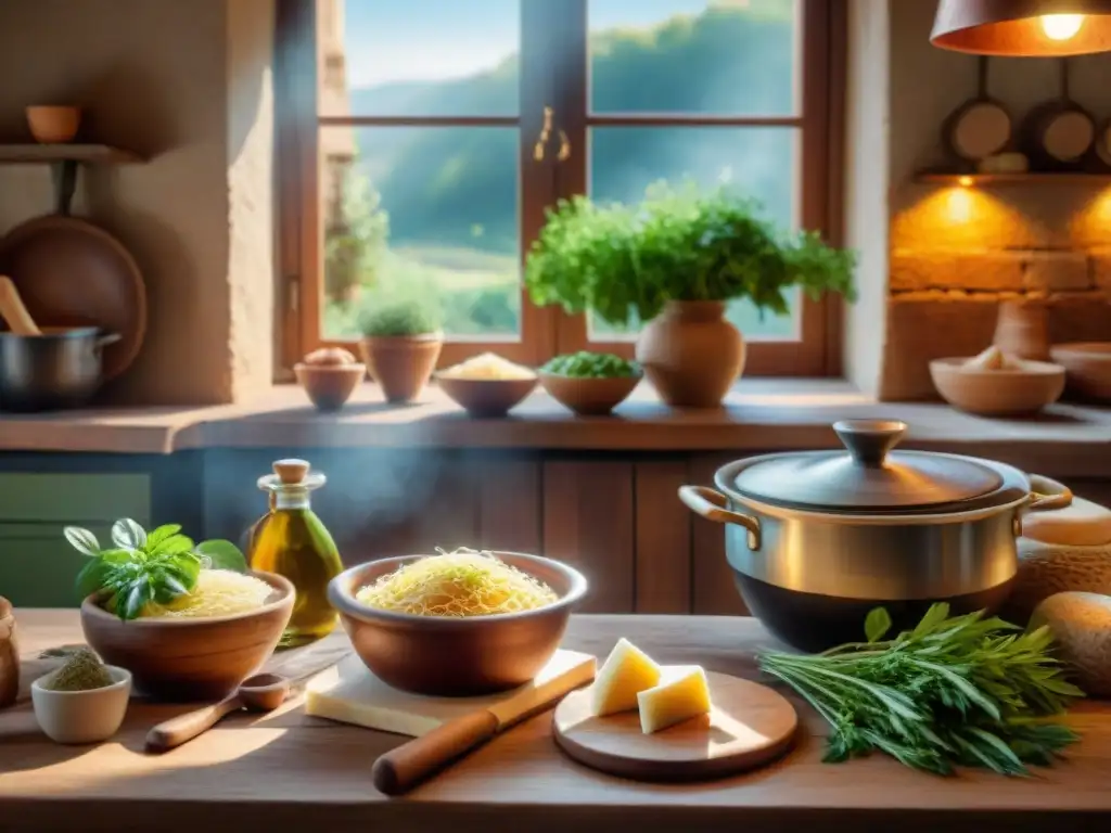 Una tradicional escena de cocina romana con pecorino romano, vino y utensilios clásicos, mientras una nonna hace pasta a mano