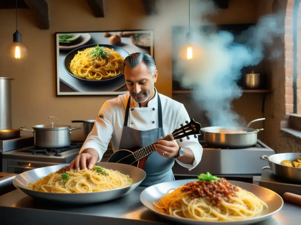 Un rincón tradicional italiano rebosante de vida y sabores, con música, cocina y cultura