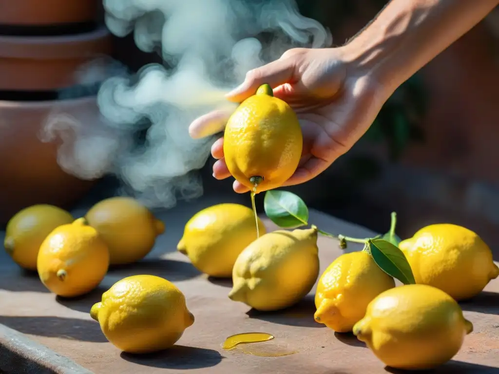 Elaboración tradicional limoncello Italia: Artesano italiano zesteando limones Amalfi bajo el sol, creando un licor único