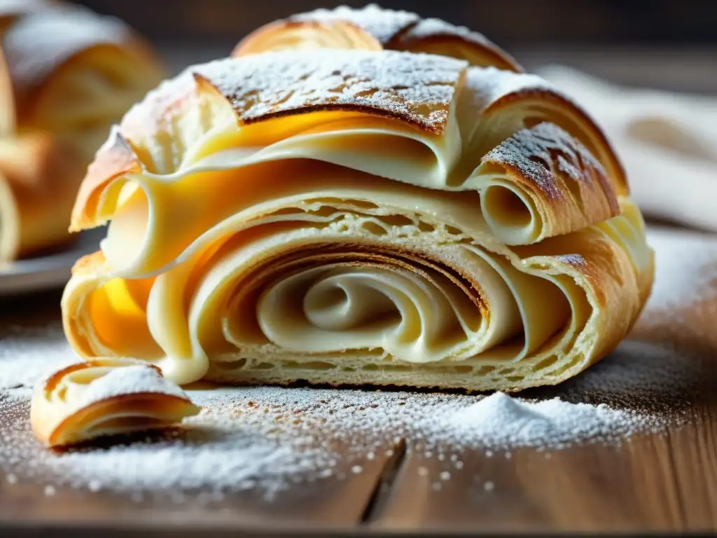 Sfogliatella tradicional napolitana receta: Detalle de una sfogliatella recién horneada en una superficie de madera rústica, con capas crujientes doradas y delicadas, espolvoreadas con azúcar glass y vapor caliente saliendo