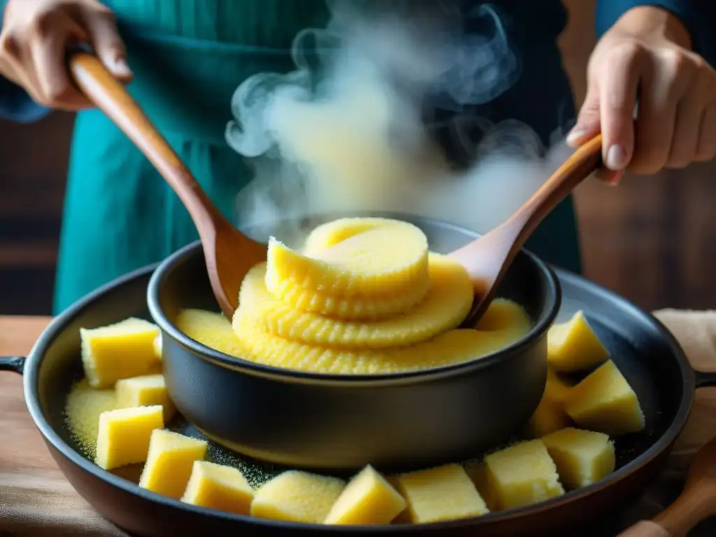 Preparación tradicional de polenta italiana con textura y vapor, cuchara de madera en movimiento