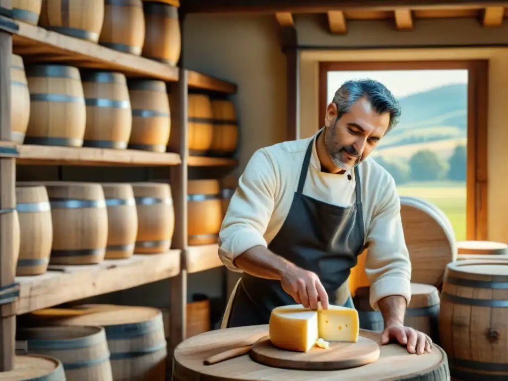 Artesano de queso asiago: tradición y maestría en Italia En el tranquilo campo italiano, un maestro quesero artesanal elabora ruedas de queso Asiago a mano