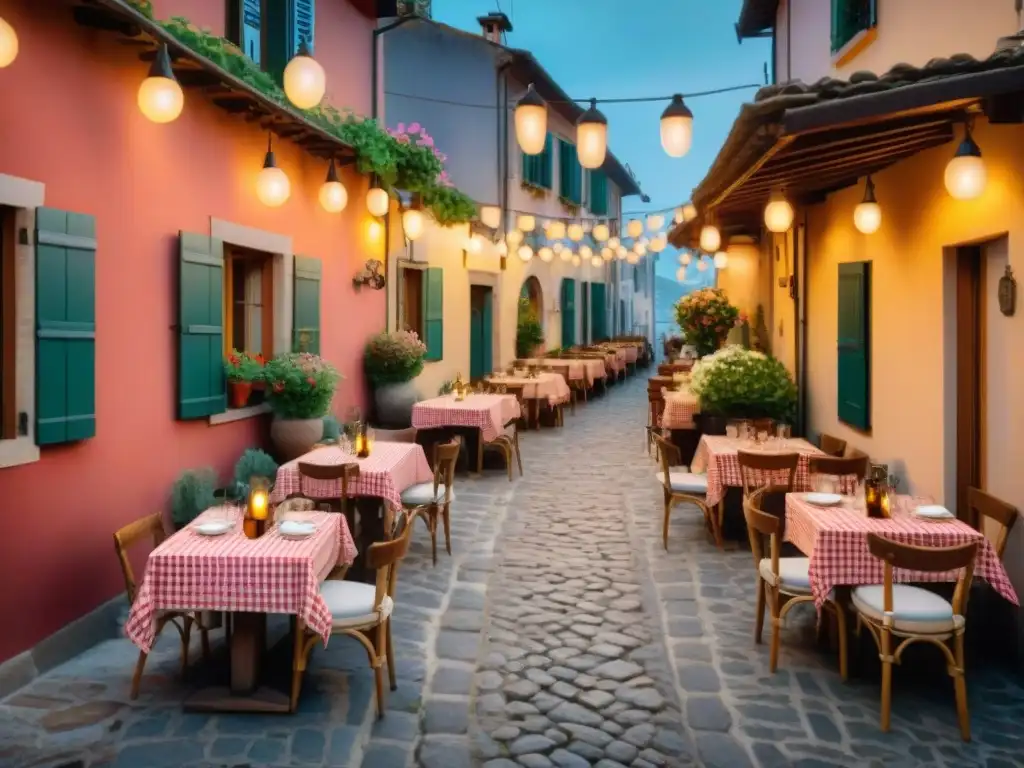 Una trattoria acogedora en un pintoresco pueblo italiano, con mesas al aire libre, sillas de madera y macetas de flores