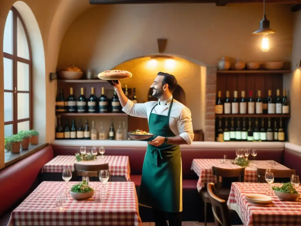 Una trattoria italiana acogedora con mesa a cuadros, luz tenue y estantes llenos de botellas de vino