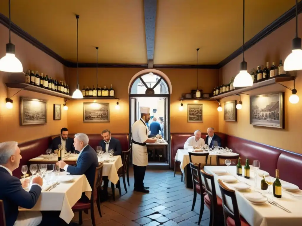 Una trattoria romana tradicional rebosante de vida durante el almuerzo, con chefs, camareros y comensales disfrutando de platos clásicos