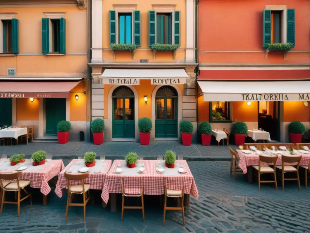 Una trattoria tradicional en RomaVIP: calles bulliciosas, mesas al aire libre bajo luces brillantes y edificios antiguos