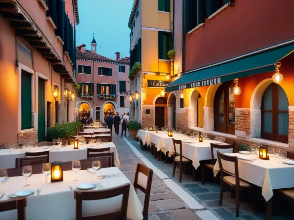 Una trattoria veneciana acogedora al aire libre con platos tradicionales de cocina italiana en Venecia al atardecer