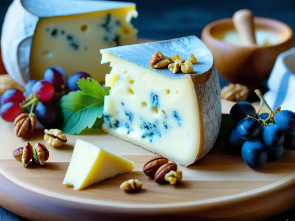 Delicioso Gorgonzola: Detalles y sabores intensos Un trozo de Gorgonzola en madera rústica con uvas frescas, nueces y miel