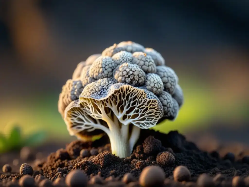 Una trufa negra recién desenterrada, con textura y aroma terrosos, bañada en luz natural