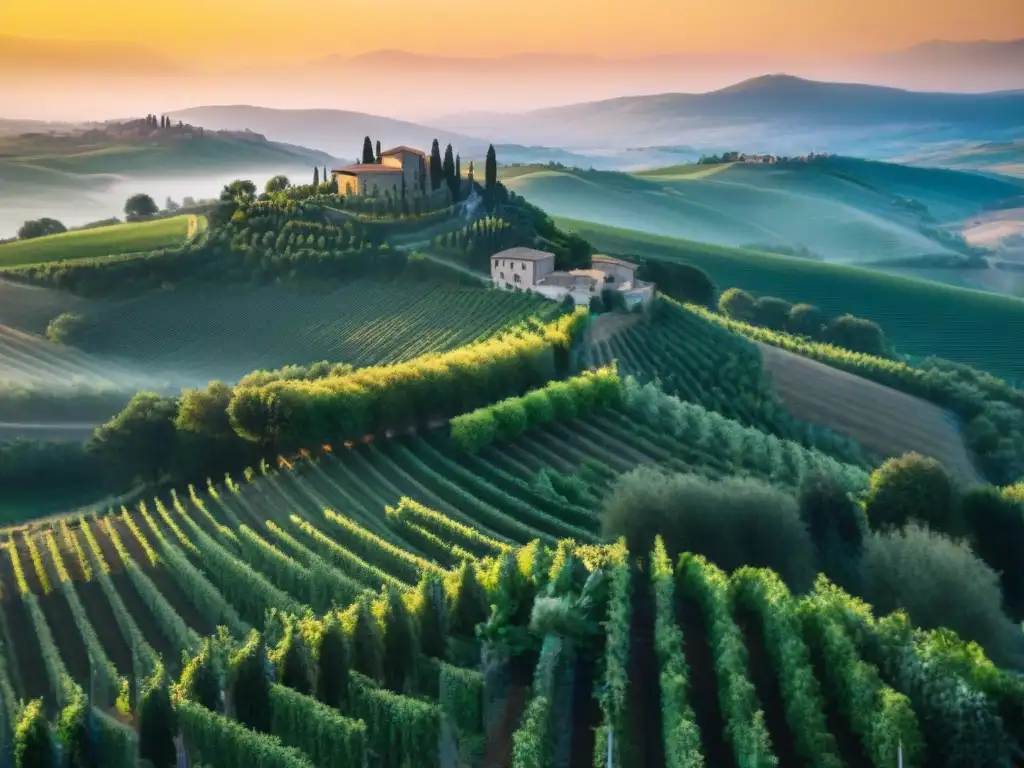 Turismo gastronómico sostenible en Italia: Vista aérea de colinas verdes y viñedos en la Toscana, con pueblos medievales al fondo