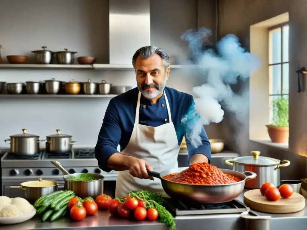 Ugo Alciati en su bulliciosa cocina italiana, preparando platos tradicionales con pasión y determinación