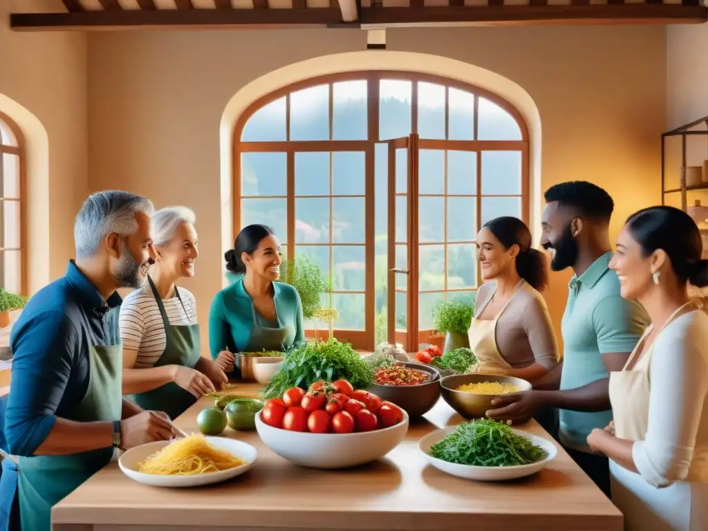 Unidos por la diversidad en una cocina comunitaria italiana, preparando juntos una deliciosa comida
