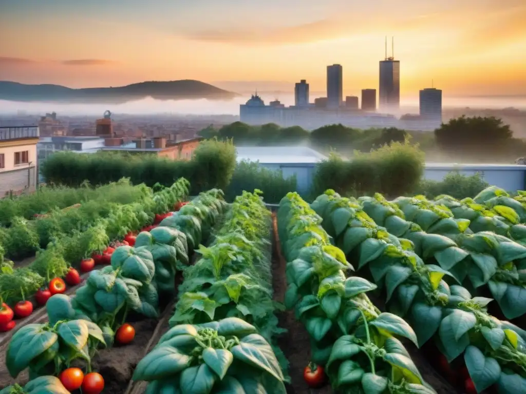 Un jardín urbano bullicioso con tomates, albahaca y pimientos bajo el sol