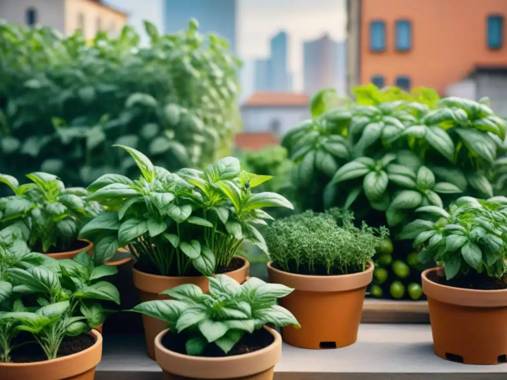 Un jardín urbano exuberante con hierbas italianas en macetas de terracota, en contraste con el bullicio de la ciudad