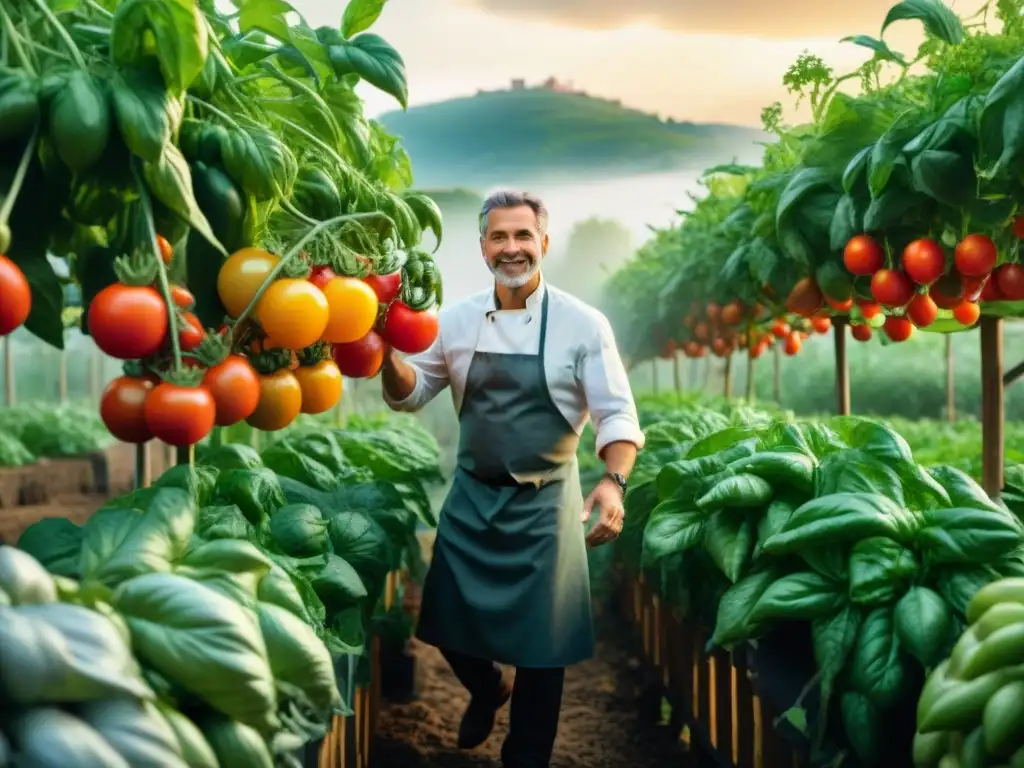 Un jardín urbano italiano rebosante de vida y color, donde chefs cosechan con alegría