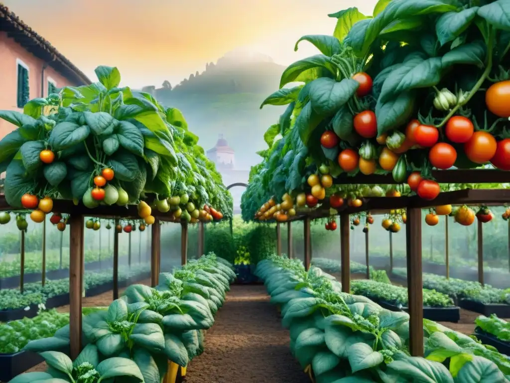 Un jardín urbano rebosante de superalimentos italianos: tomates, albahaca y calabacines enredados en una red verde de vida