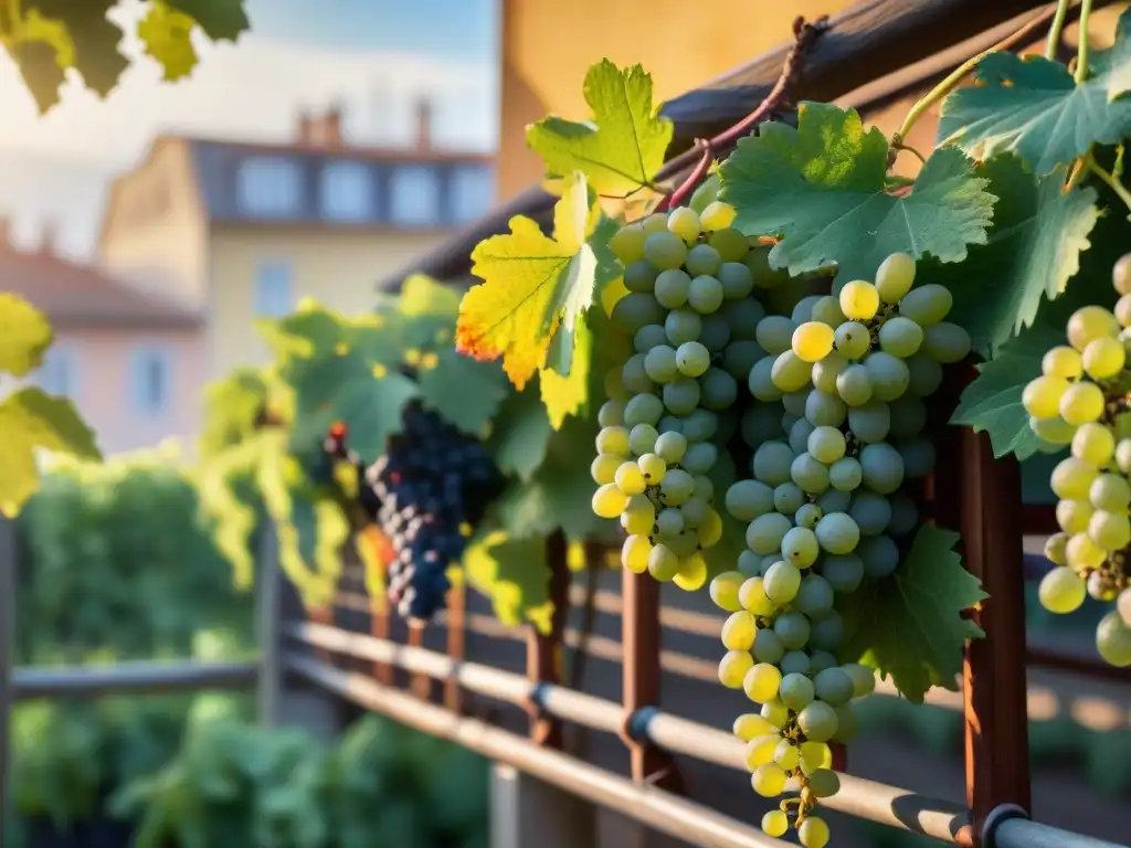 Un jardín de balcón urbano con uvas italianas enredadas en enredaderas, cultivar uvas italianas en espacios urbanos