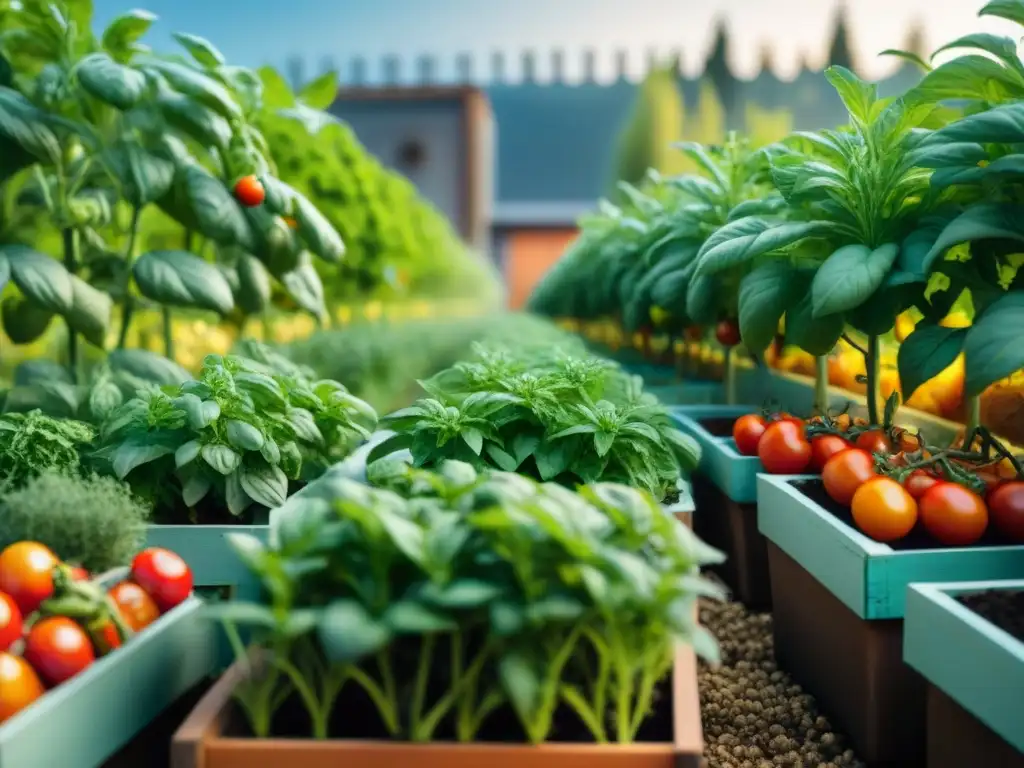 Un jardín urbano vibrante en Italia con hierbas frescas, tomates, calabacines y pimientos, capturando la esencia de la cocina italiana huertos urbanos