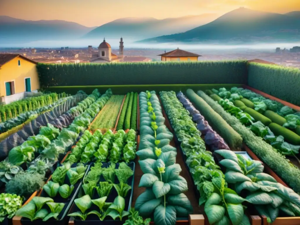 Un jardín urbano vibrante en Italia con proyectos de agricultura urbana, donde la comunidad cuida de frutas, verduras y hierbas aromáticas