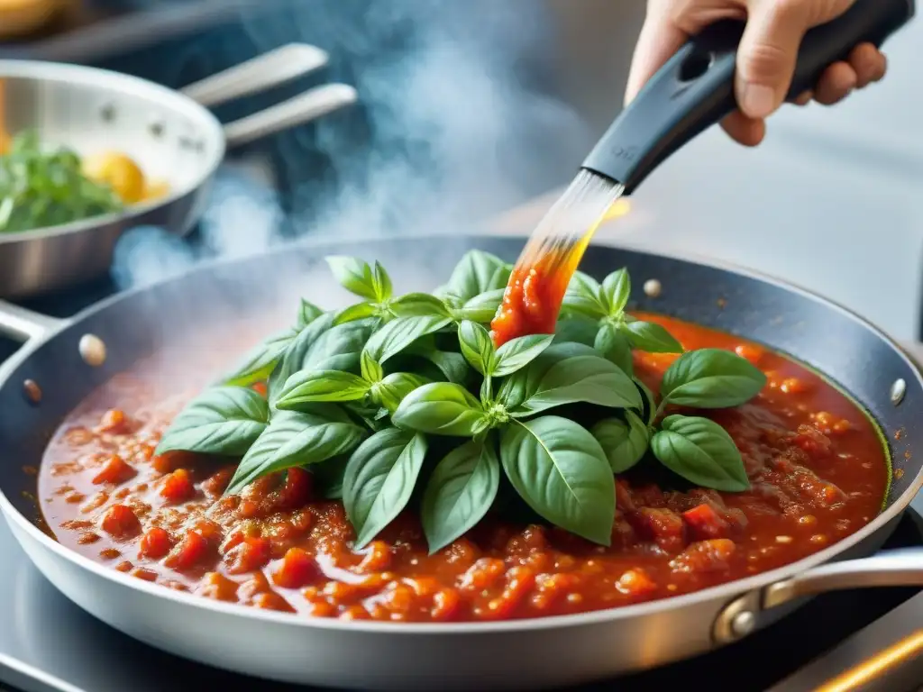 Usos del orégano en cocina italiana: Detalle de hojas frescas de orégano sobre salsa de tomate burbujeante en una sartén caliente