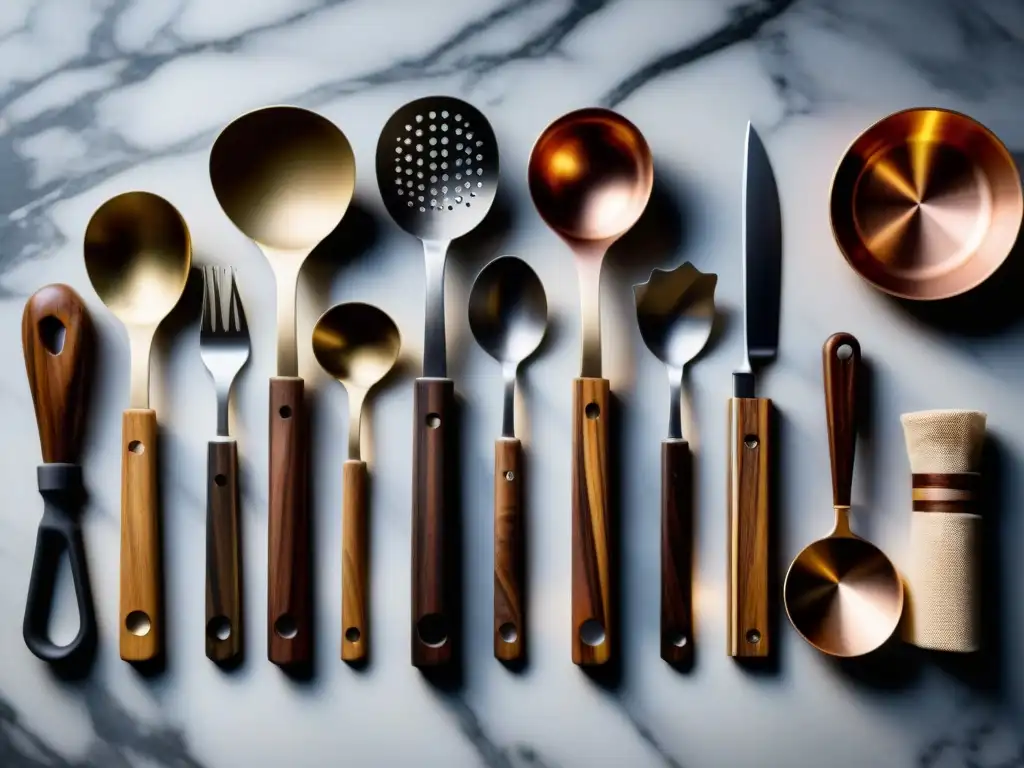 Utensilios de cocina italiana de alta gama brillando en mármol elegante