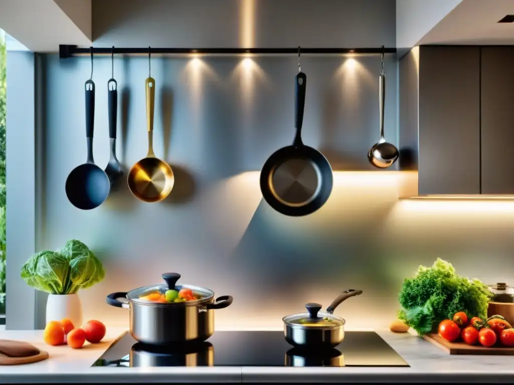 Utensilios de cocina italianos innovadores brillan en elegante cocina moderna mientras chef prepara arte culinario