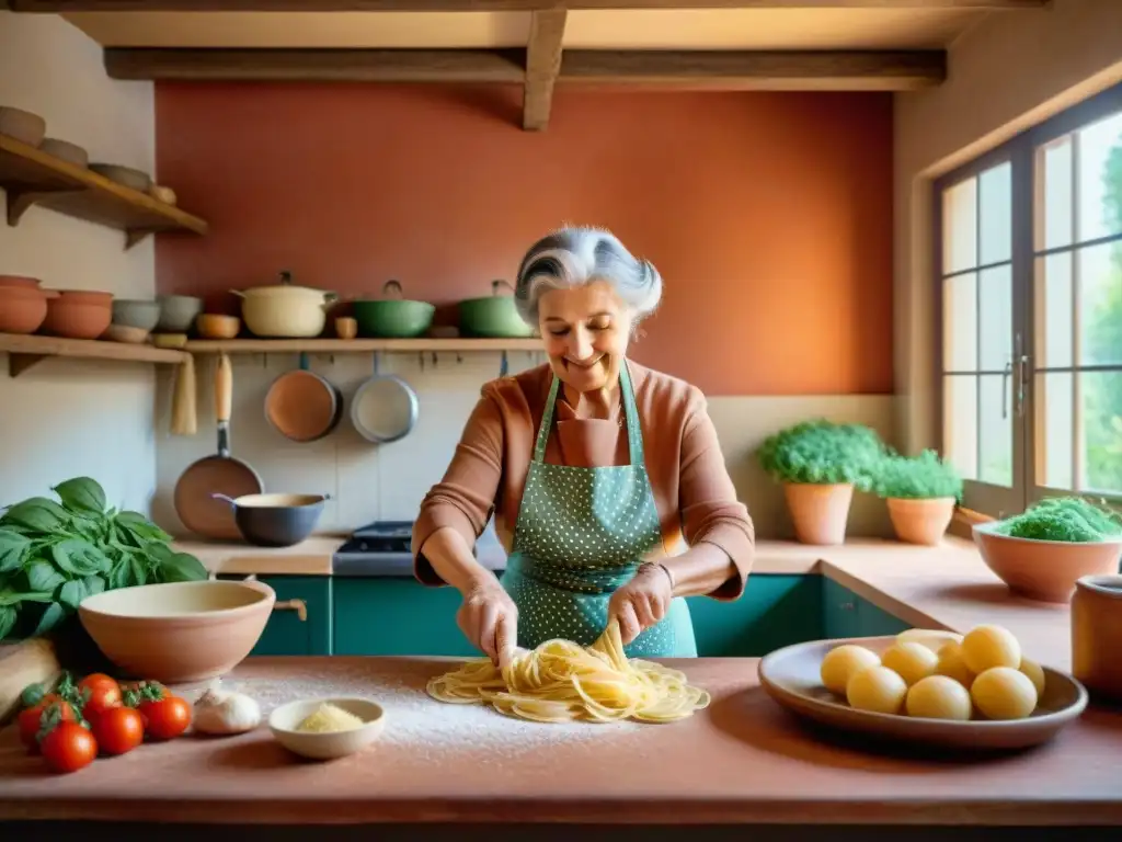 Utensilios de cocina italianos recomendados en una cocina tradicional: pasta fresca, aceite de oliva, cucharas de madera y ollas de cobre