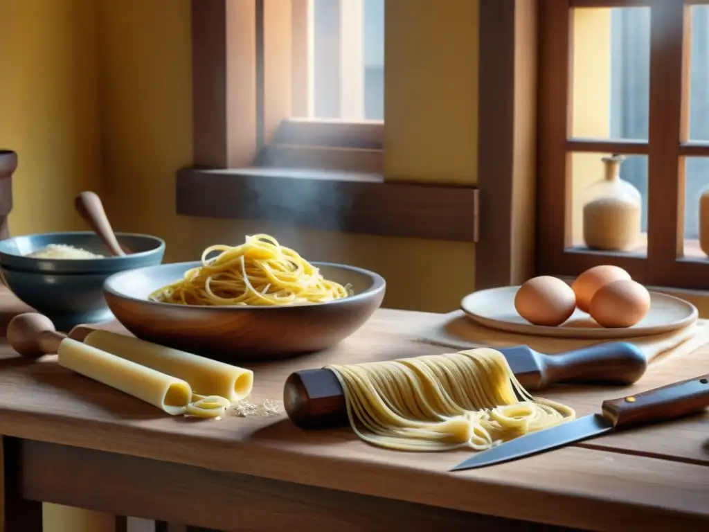 Utensilios de cocina italianos recomendados: Detalle de una cocina italiana tradicional con utensilios de pasta y luz cálida