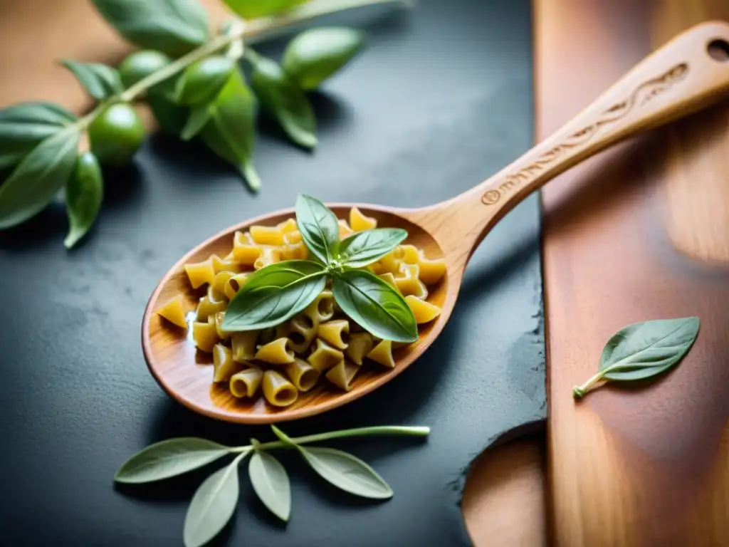 Utensilios italianos para platos caseros: Cuchara de madera de olivo sobre tabla rústica con pasta y albahaca fresca