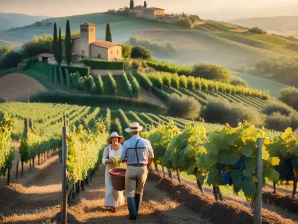 Recolección de uvas en Italia: Agricultores italianos seleccionando uvas en viñedos de la Toscana al atardecer