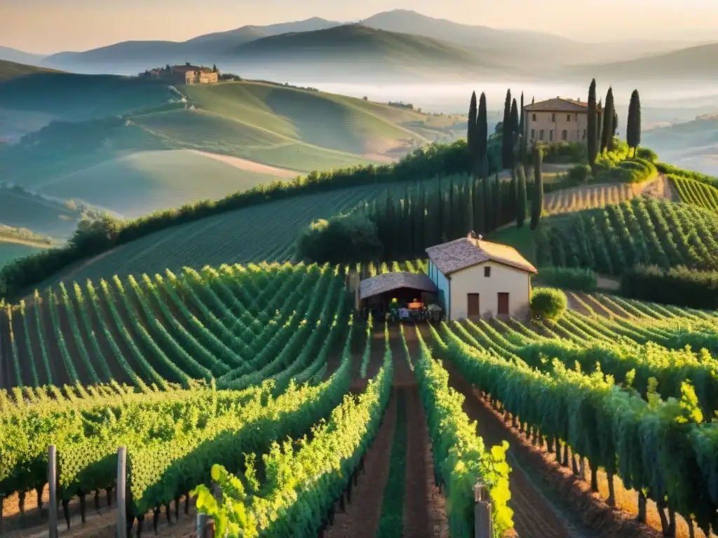 Recolección de uvas en Italia: Agricultores cosechando uvas en un viñedo de la Toscana bajo el sol de la tarde, rodeados de colinas y cipreses