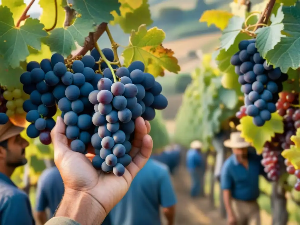 Recolección de uvas en Italia: Campesinos italianos cosechan uvas bajo el sol dorado de la Toscana, resaltando la belleza rústica