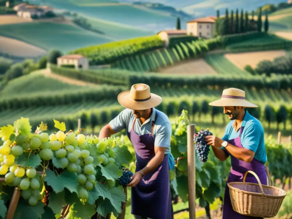 Recolección de uvas en Italia: Campesinos italianos cosechan uvas Sangiovese bajo el cálido sol de la tarde en la pintoresca Toscana