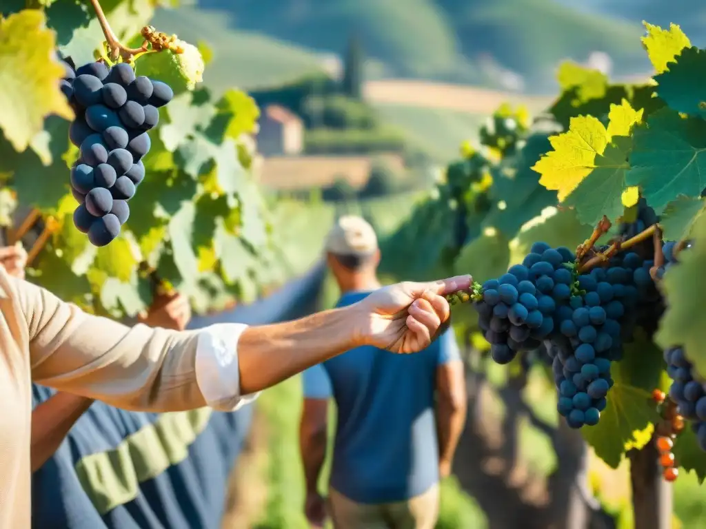 Recolección de uvas en Italia: Campesinos sonrientes cosechan uvas bajo el cálido sol italiano en un viñedo pintoresco