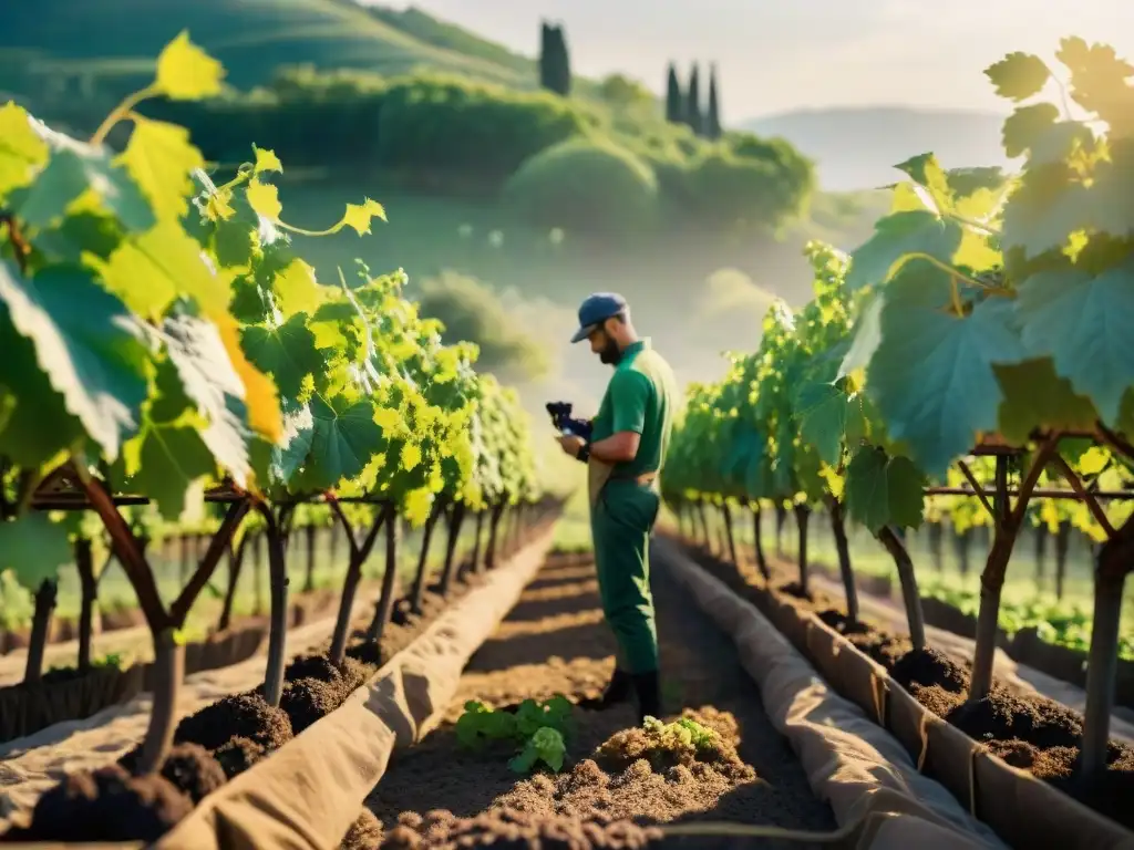 Cultivar uvas italianas en espacios urbanos: Grupo de jardineros urbanos cuidando con esmero viñedos en una ciudad vibrante