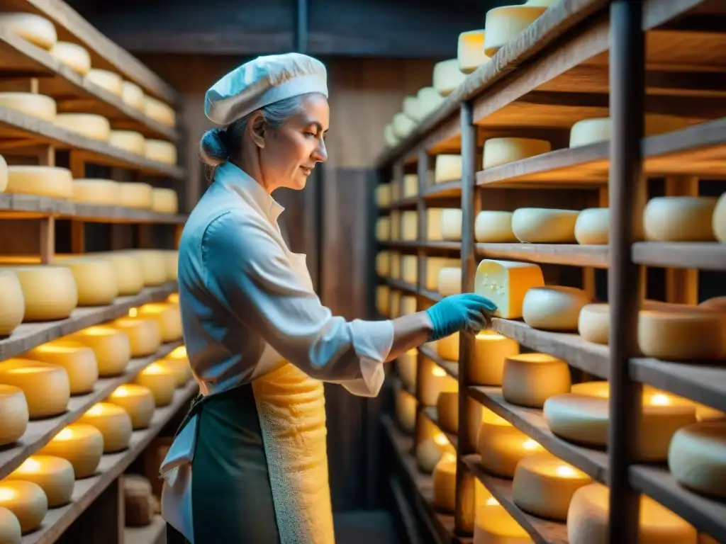 Alimentación vacas sabor queso Parmigiano: Detalle de quesero volteando ruedas de queso en bodega rústica iluminada